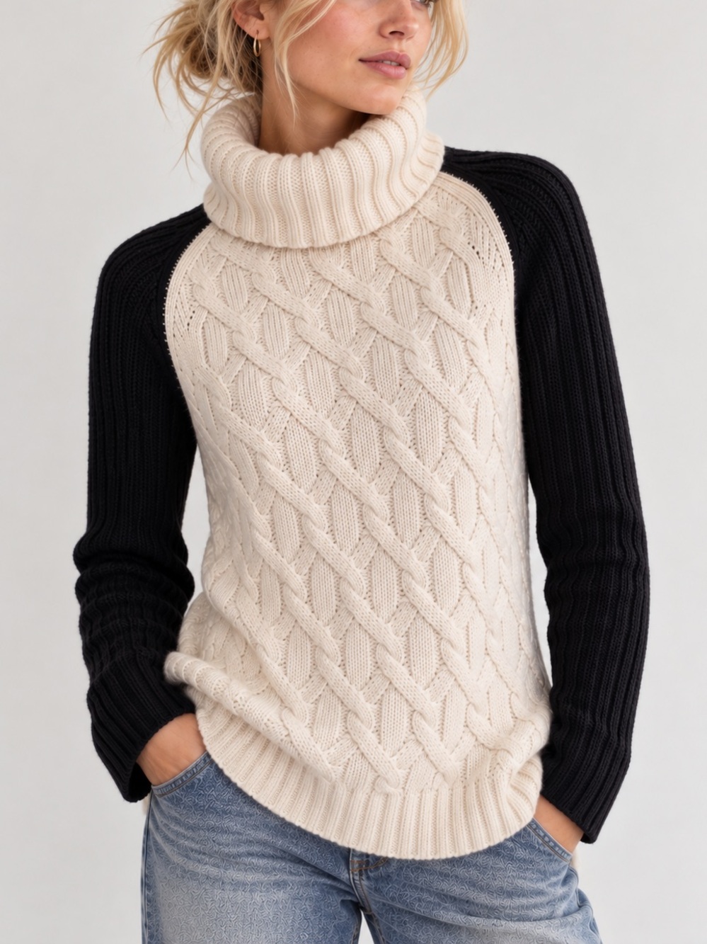 Trina Turk Chunky 100% Merino Wool Cable Knit Turtleneck Sweater